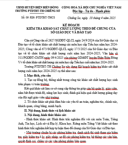 Kế hoạch kiểm tra khảo sát chất lượng của Sở giáo dục